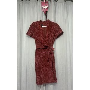 VTG Y2K Red Pink Ombré Silk Wrap Midi Dress Sz 10 Animal Cheetah Print Tie Waist